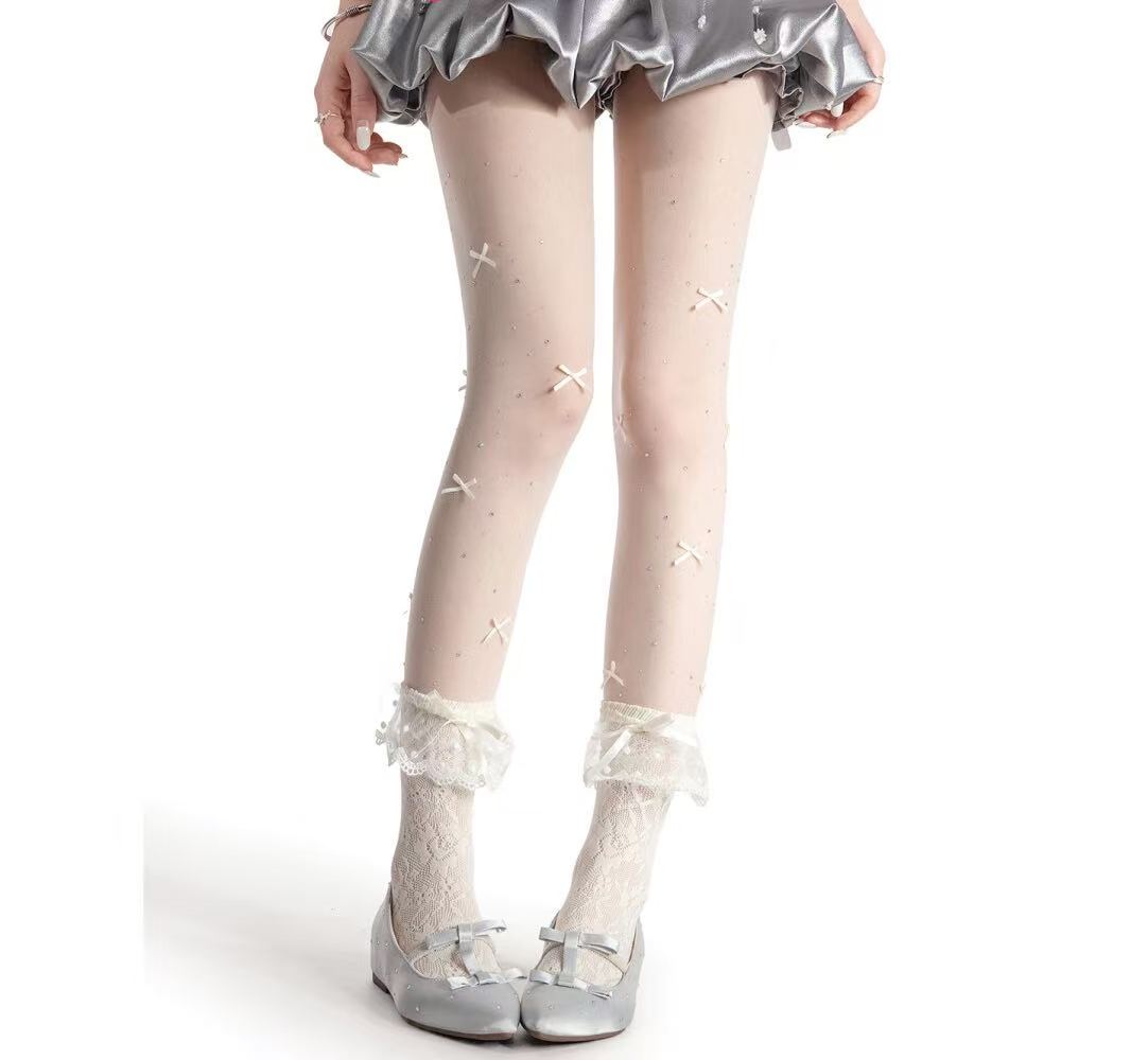 White Sheer Stockings with Rhinestone Bow