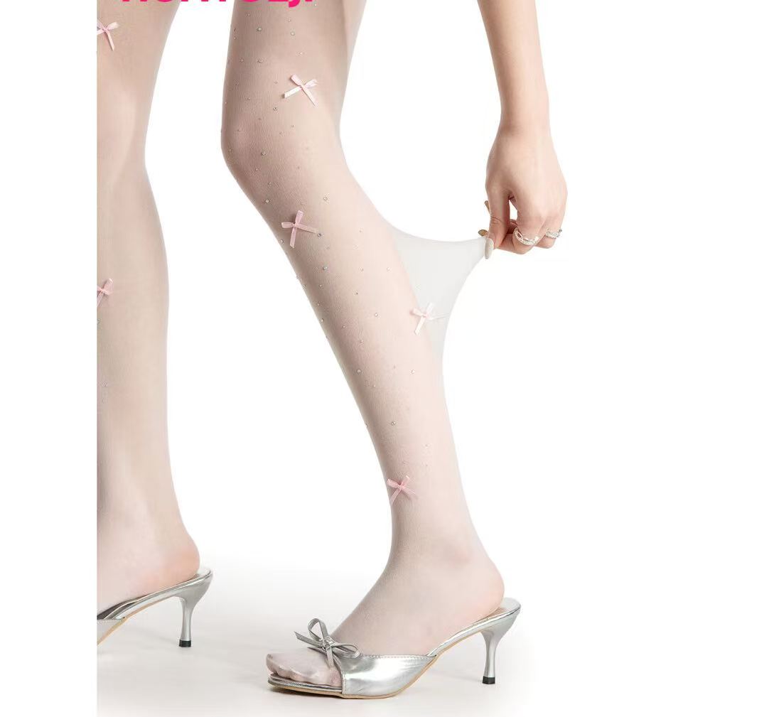 White Sheer Stockings with Rhinestone Bow