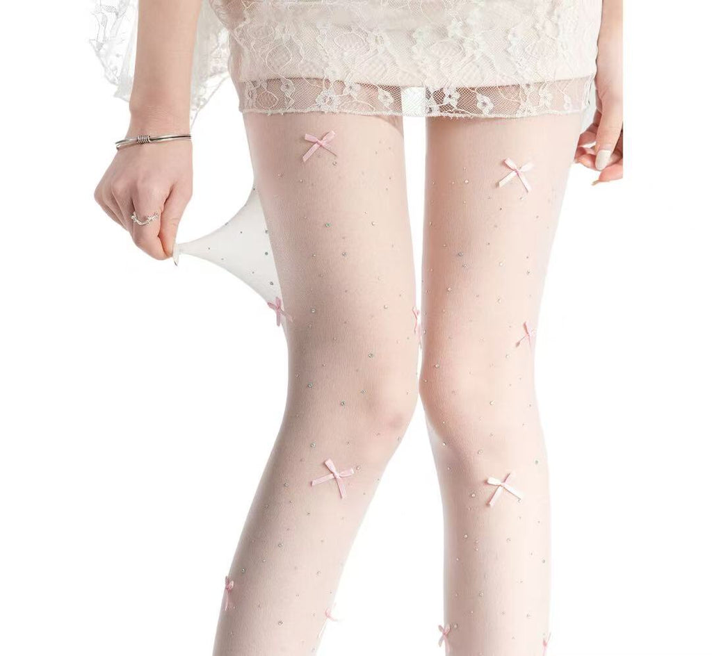 White Sheer Stockings with Rhinestone Bow